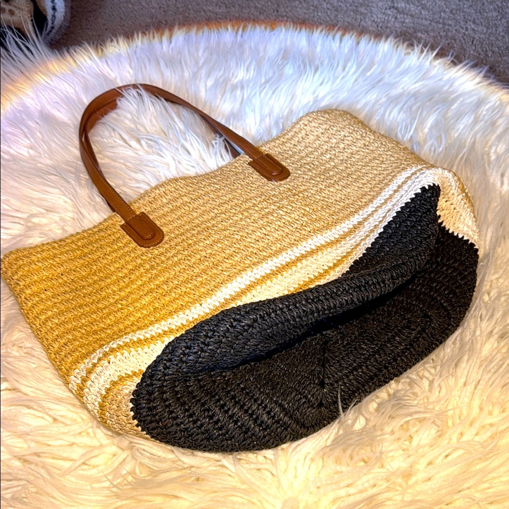 342.  Talbots Stylish Tan and Black Woven Tote Bag
